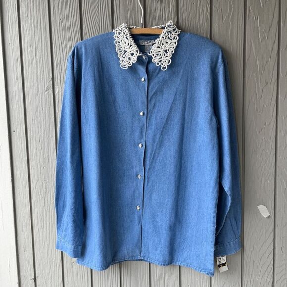Ravel Vintage Denim Shirt Soutache Collar NWT Prairiecore Cotton L - Picture 1 of 6